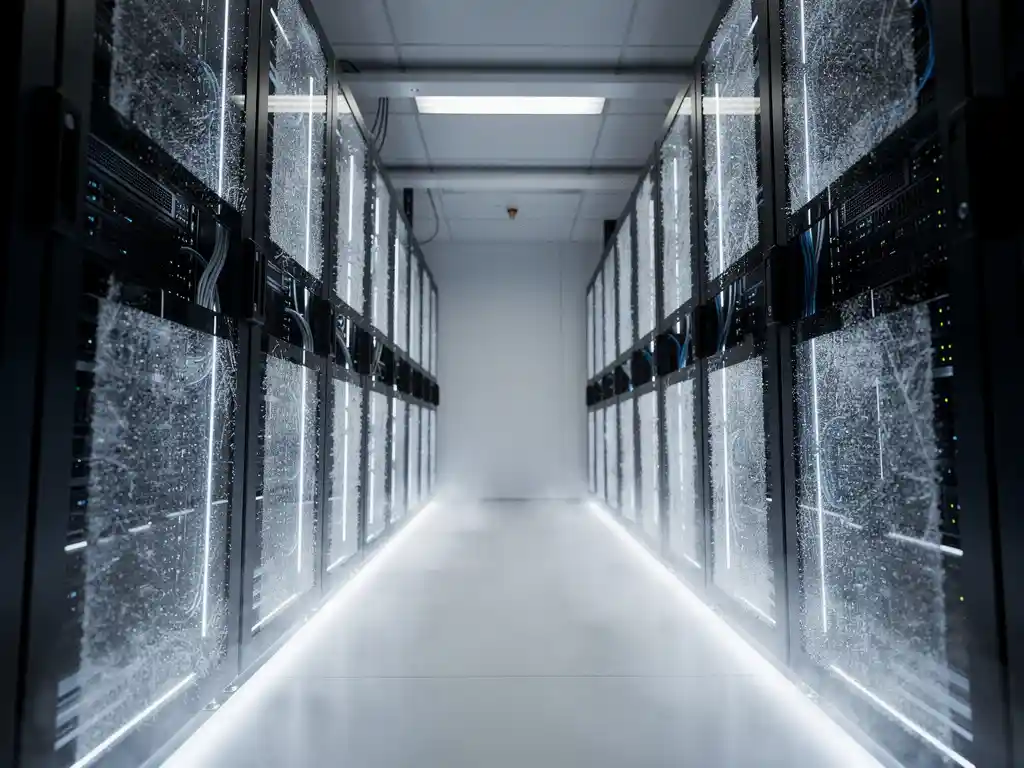 Servergang met zwarte racks en PCM-koelpanelen, condensatienevel bij de vloer, dramatische onderverlichting in staalblauwe tinten.
