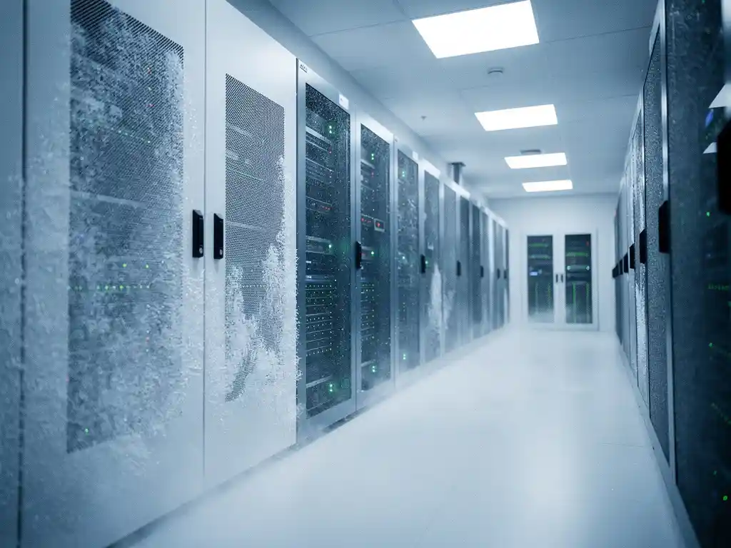 Serverrekken in een koele datacentergang met bevroren ventilatiepanelen, condensatienevel en staalblauwe verlichting.
