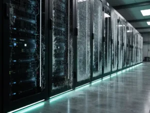Rijen zwarte serverracks in een koele datacentergang met PCM-koelpanelen en condensatie, verlicht door zacht teal underlighting.