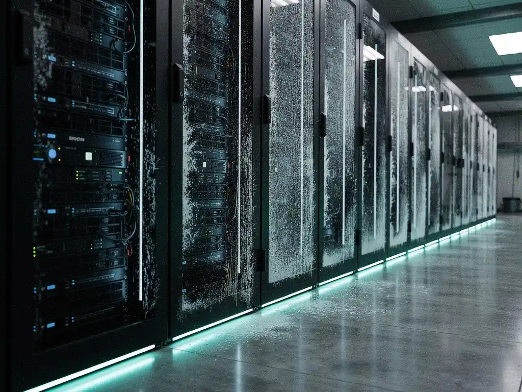 Rijen zwarte serverracks in een koele datacentergang met PCM-koelpanelen en condensatie, verlicht door zacht teal underlighting.
