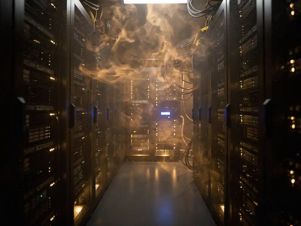 Gloeiende serverracks in een donkere datacentergang met warmtedistorsie, amberkleurig schijnsel en een enkel blauw indicatielampje.