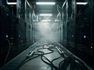 Datacenterhal met dichte rijen zwarte serverracks, hittewas boven overbelaste koelunits en verstrengelde stroomkabels op de vloer.