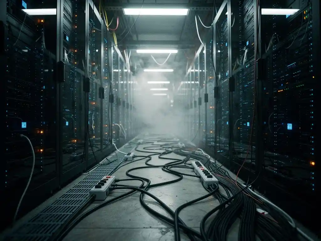 Datacenterhal met dichte rijen zwarte serverracks, hittewas boven overbelaste koelunits en verstrengelde stroomkabels op de vloer.