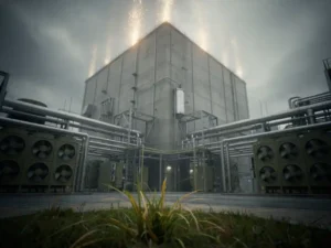 Industrieel datacentrum met zichtbare hittewasem boven koelinstallaties onder bewolkte lucht, verwelkt gras op de voorgrond.