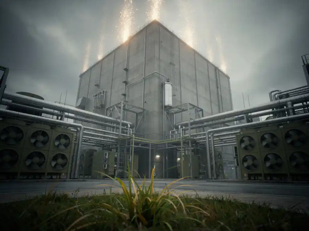 Industrieel datacentrum met zichtbare hittewasem boven koelinstallaties onder bewolkte lucht, verwelkt gras op de voorgrond.