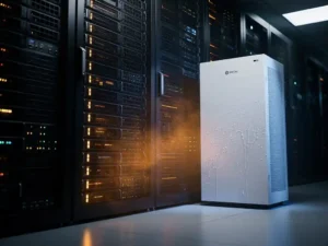 Zwarte serverracks die warmte uitstralen in een donker datacenter, naast een witte PCM-koeleenheid met condensatie op het oppervlak.