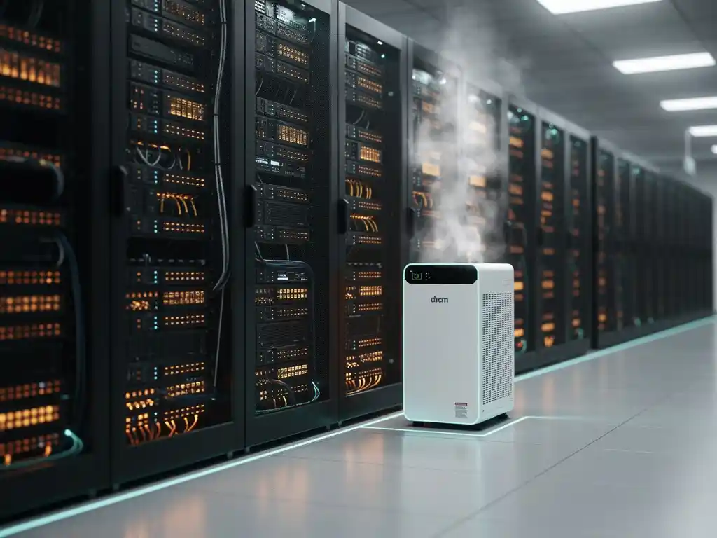 Rijen zwarte serverracks in een datacentrum met hittegolven, naast een compacte witte PCM-koelunit met teal accenten.