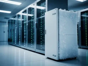 Witte PCM-koelkast met zouthydraatpanelen naast lichtgevende serverracks in een moderne serverruimte met blauw-zilveren verlichting.