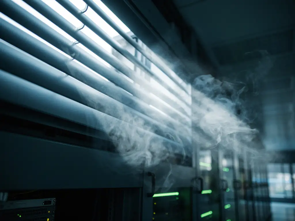 Koude buitenlucht stroomt door industriële ventilatieroosters een serverruimte in, met rijen gloeiende rack-servers op de achtergrond.