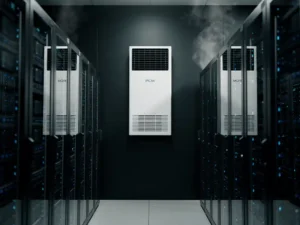 Zwarte serverracks met blauwe indicatielampjes in een modern datacenter, met een witte PCM-koelunit aan de muur.
