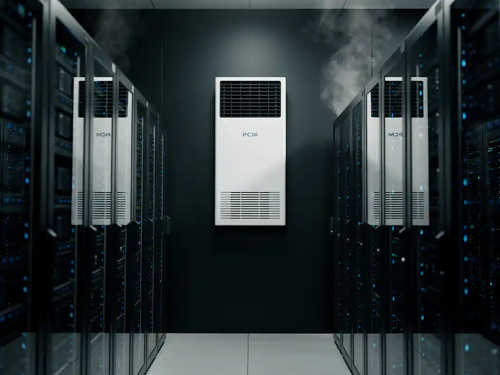 Zwarte serverracks met blauwe indicatielampjes in een modern datacenter, met een witte PCM-koelunit aan de muur.