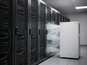 Zwarte serverkasten met knipperende statuslichten naast een witte PCM-koelunit in een datacenterruimte met gestroomlijnd kabelbeheer.