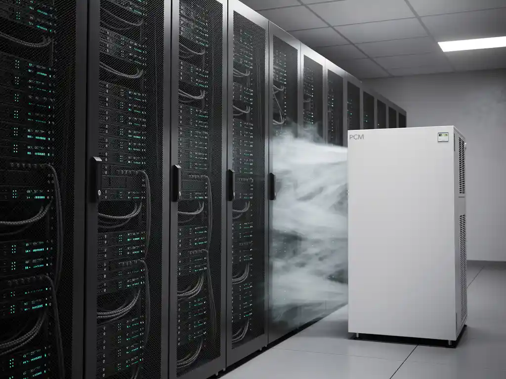 Zwarte serverkasten met knipperende statuslichten naast een witte PCM-koelunit in een datacenterruimte met gestroomlijnd kabelbeheer.