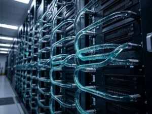 Dichte rij zwarte serverracks in een donker datacenter met transparante koelwaterslangen om warmtegenererende componenten.