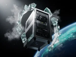 Server rack in de ruimte omgeven door kristallijne zout-hydraat panelen, met de blauwe horizon van de aarde op de achtergrond.