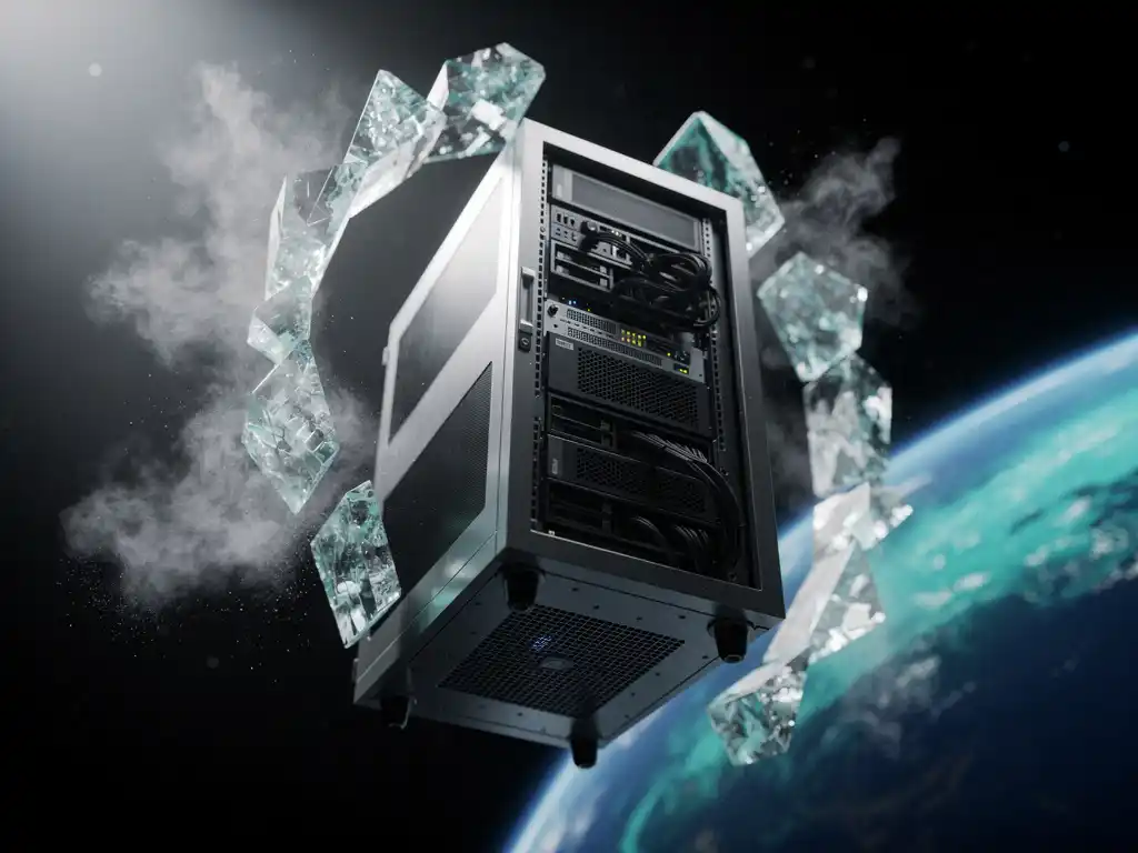 Server rack in de ruimte omgeven door kristallijne zout-hydraat panelen, met de blauwe horizon van de aarde op de achtergrond.