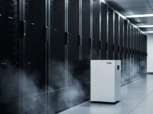 Zwarte serverracks in een koele, zwak verlichte datacentergang met een wit PCM-koelunit en condenserende lucht bij ventilatiepanelen.