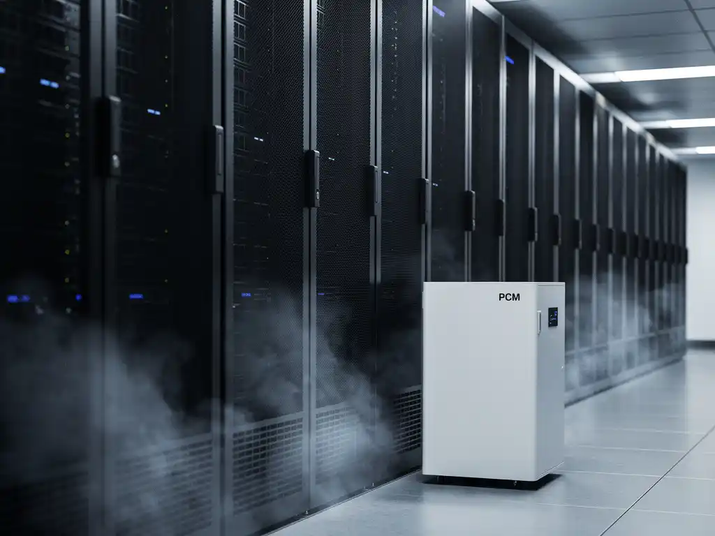 Zwarte serverracks in een koele, zwak verlichte datacentergang met een wit PCM-koelunit en condenserende lucht bij ventilatiepanelen.