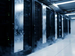 Serverrekken in een datacenter met PCM-koelpanelen, condensatie op metalen oppervlakken en koele blauwe verlichting bij ventilatieroosters.