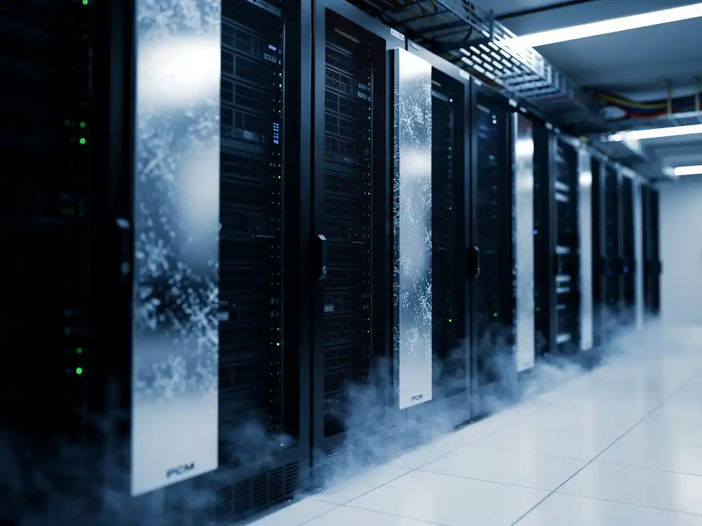Serverrekken in een datacenter met PCM-koelpanelen, condensatie op metalen oppervlakken en koele blauwe verlichting bij ventilatieroosters.