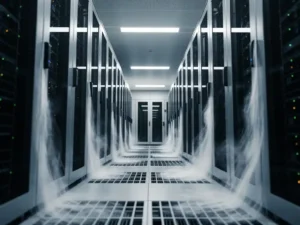 Rij serverracks in een datacenter met koude lucht die door vloerventielen stroomt en condensatienevel boven metalen oppervlakken.