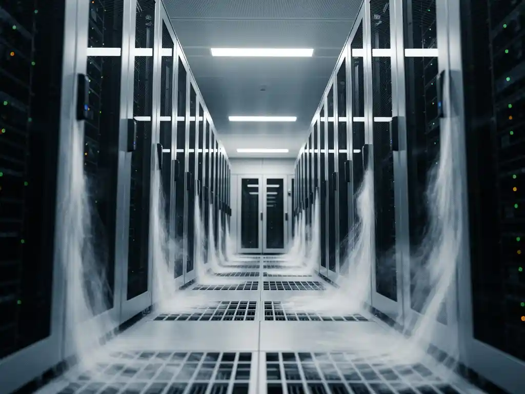 Rij serverracks in een datacenter met koude lucht die door vloerventielen stroomt en condensatienevel boven metalen oppervlakken.