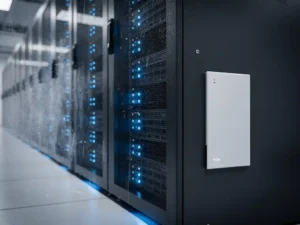Zwarte serverrekken met blauwe indicatorlampjes in een koele, schaars verlichte serverruimte met PCM-koelpaneel aan de wand.