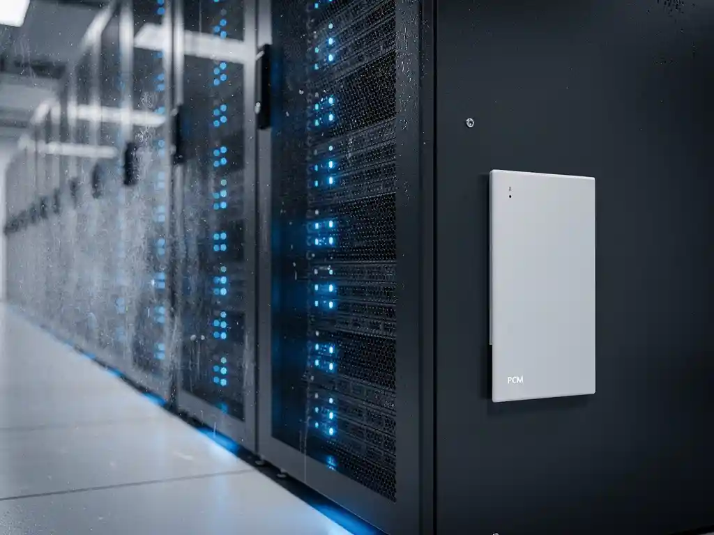 Zwarte serverrekken met blauwe indicatorlampjes in een koele, schaars verlichte serverruimte met PCM-koelpaneel aan de wand.