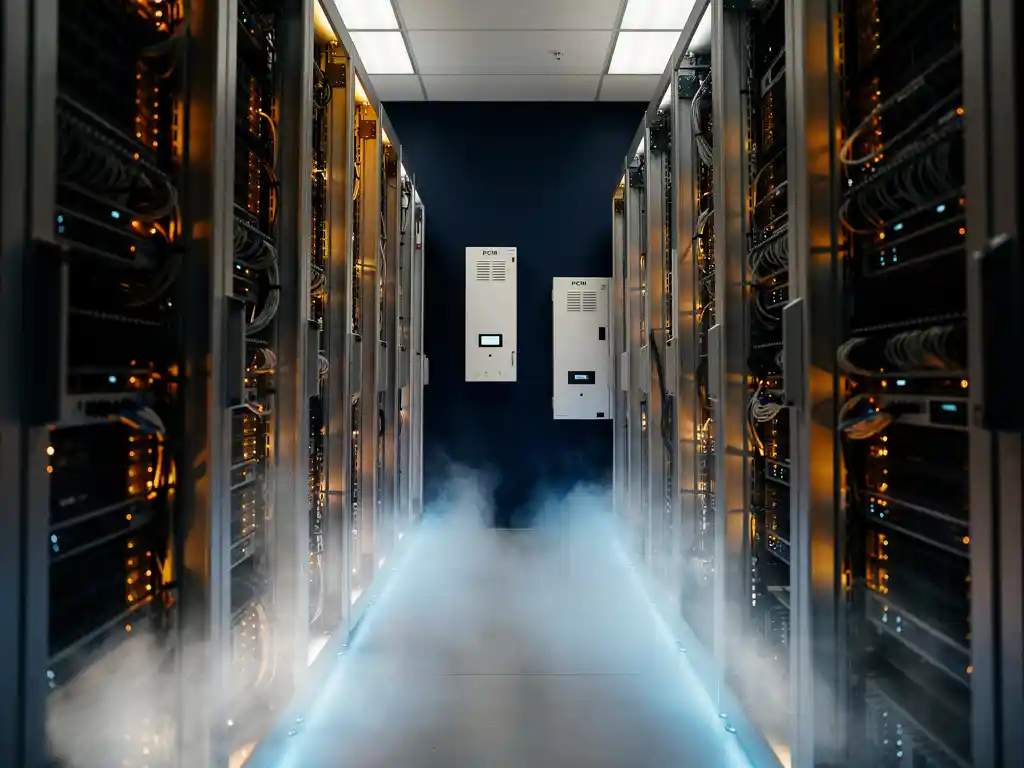 Serverruimte met gloeiende rack-servers die warmte uitstralen, koele blauwe mist door het gangpad en witte PCM-koelpanelen aan de muur.