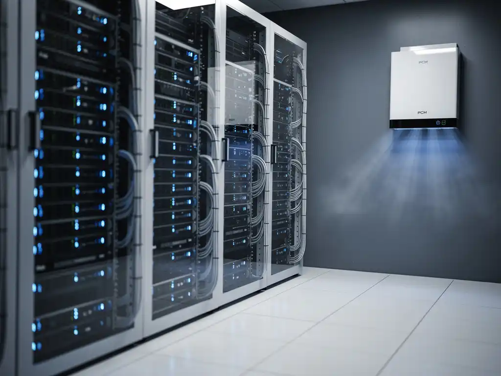 Serverruimte met blauw verlichte rack-servers, gestructureerd kabelmanagement en witte PCM-koelunit aan de muur.
