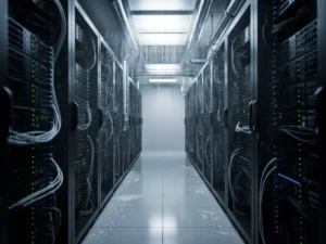 Serverruimte met zwarte apparatuurrekken, koude luchtventilatie via plafondrooster en berijpte koelleidingen in staalblauwe belichting.