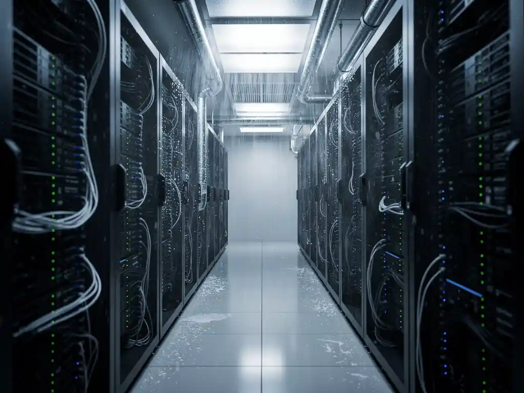 Serverruimte met zwarte apparatuurrekken, koude luchtventilatie via plafondrooster en berijpte koelleidingen in staalblauwe belichting.