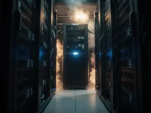 Dichte rijen zwarte serverracks in een donkere datacentergang met zichtbare warmtewasem boven uitlaatopeningen en een koeleenheid met blauwe lampjes.