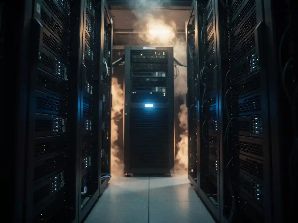 Dichte rijen zwarte serverracks in een donkere datacentergang met zichtbare warmtewasem boven uitlaatopeningen en een koeleenheid met blauwe lampjes.