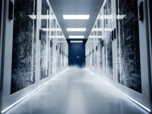 Serverrekken in een koele datacentergang met PCM-koelpanelen op de wanden en lichte mistvorming nabij de vloer.