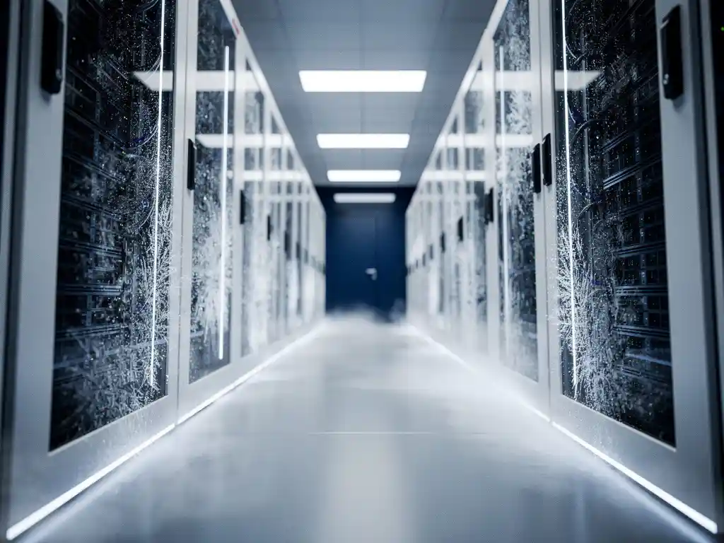 Serverrekken in een koele datacentergang met PCM-koelpanelen op de wanden en lichte mistvorming nabij de vloer.