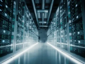 Serverruimte met rijen verlichte serverracks in een lange gang, koele mist op vloerniveau en industriële ventilatiepijpen aan het plafond.