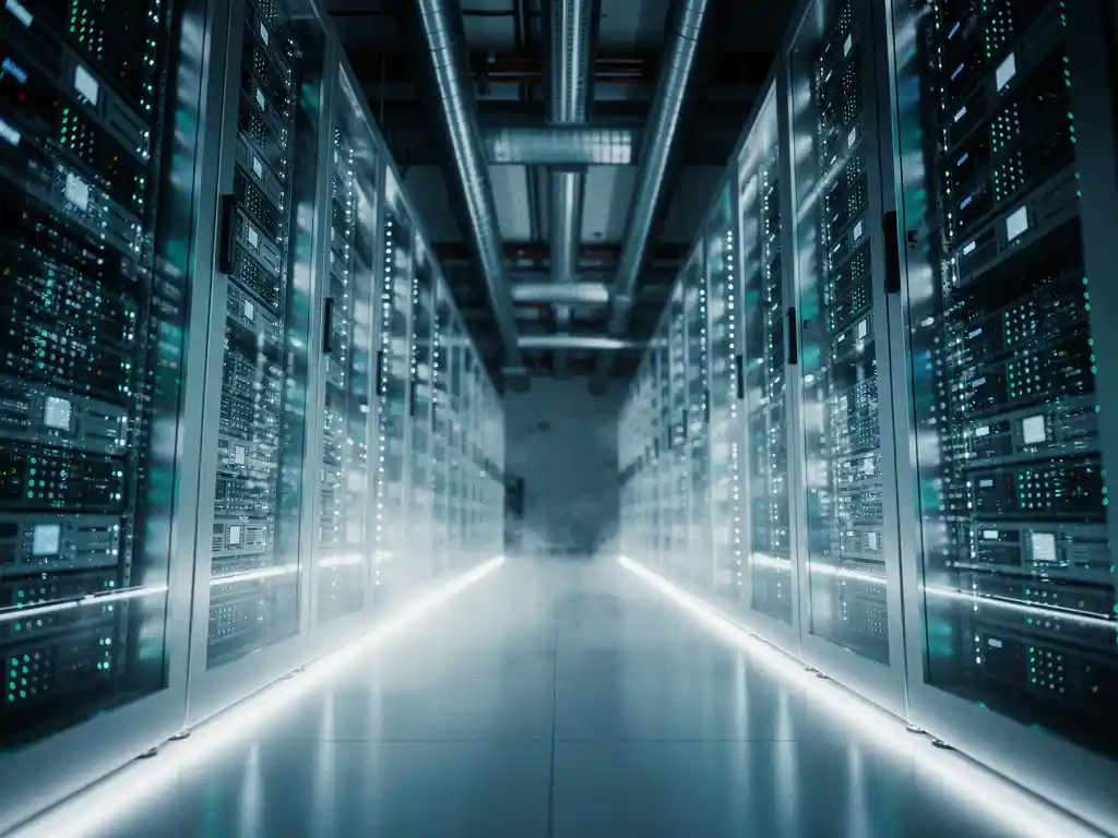 Serverruimte met rijen verlichte serverracks in een lange gang, koele mist op vloerniveau en industriële ventilatiepijpen aan het plafond.