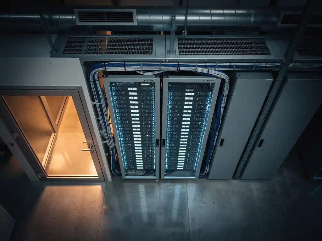 Compact serverruimte in industrieel gebouw met rijen verlichte rack-servers, blauwe en zilveren tinten, warme amber gangverlichting door versterkt glas.