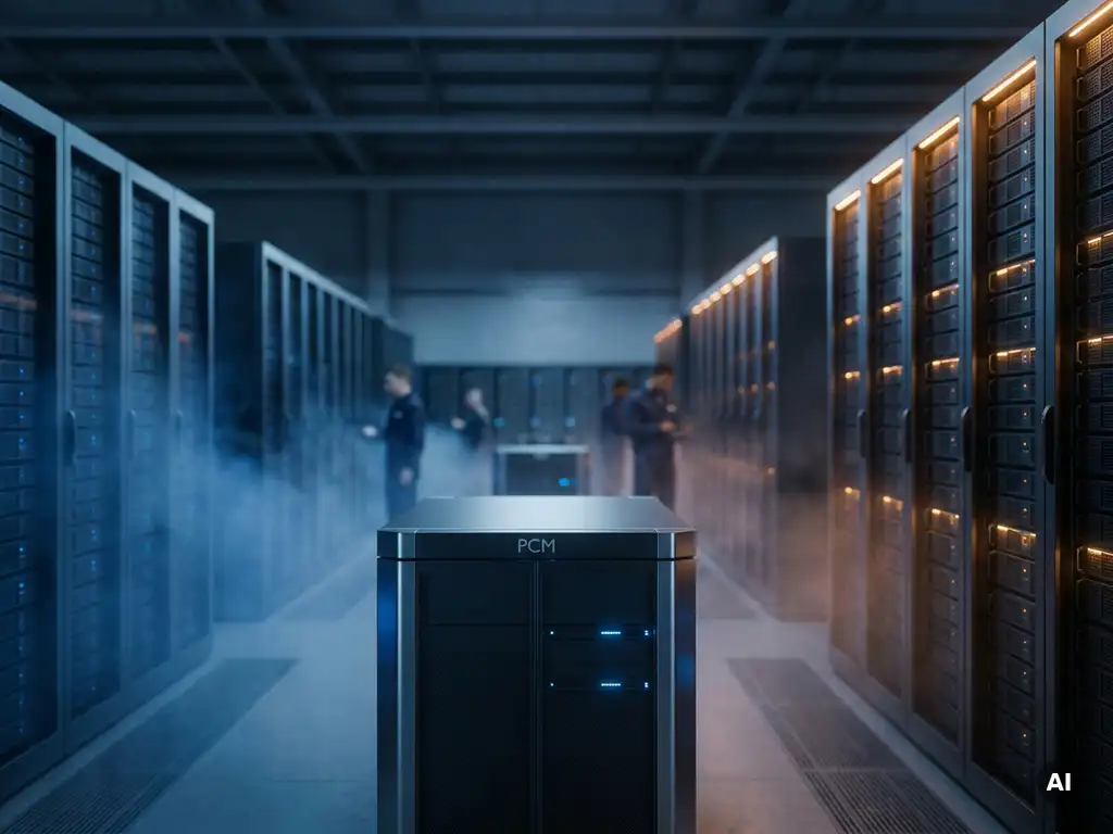 PCM-koeleenheid in een industriële serverruimte met blauwe luchtstromen tussen serverrekken en warme amber-accentverlichting.