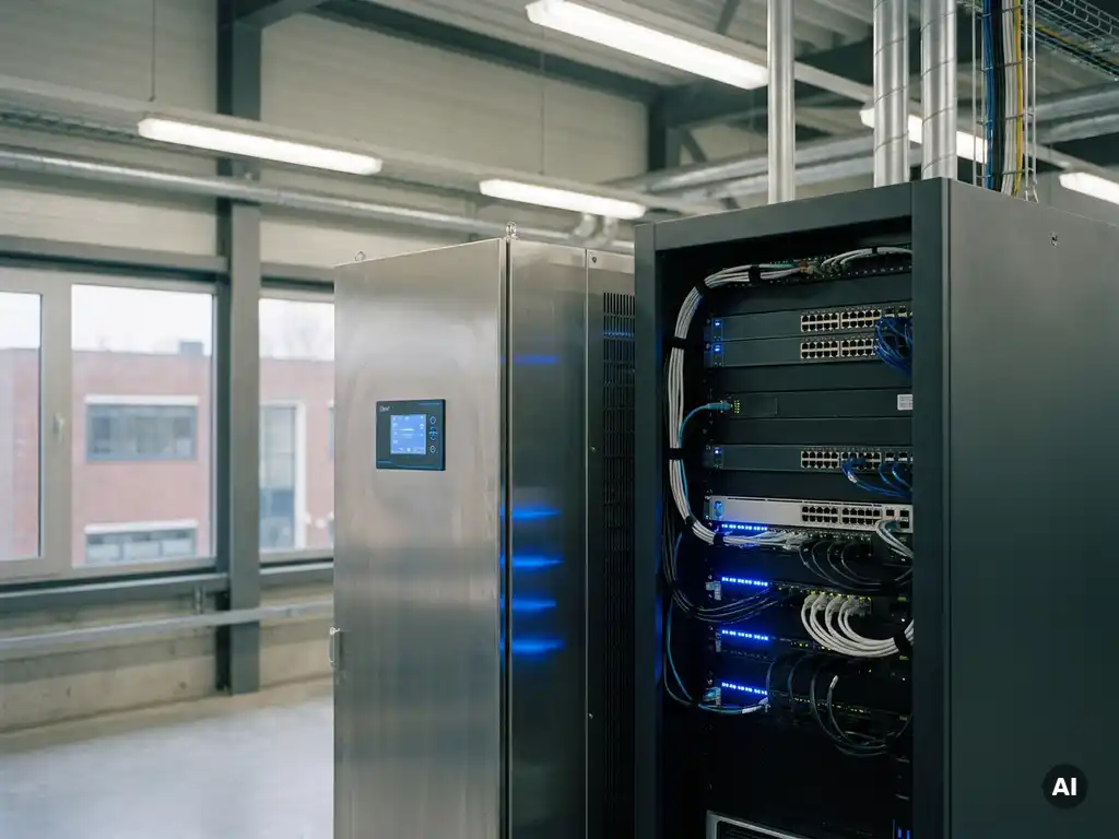 PCM-koeleenheid naast serverrack met blauwe indicatielampjes in Nederlandse industriële datacenterfaciliteit.