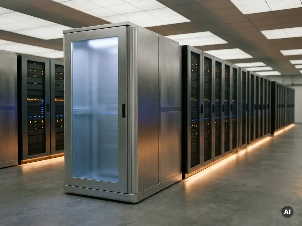 Vrijstaande PCM-koeleenheid in een industriële serverruimte met rijen serverracks en blauw-amberkleurige verlichting.