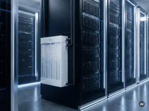 Zwarte serverrack in gekoelde serverruimte naast een wit PCM-koelunit met zouthydraatpanelen en condensatie op metalen oppervlakken.