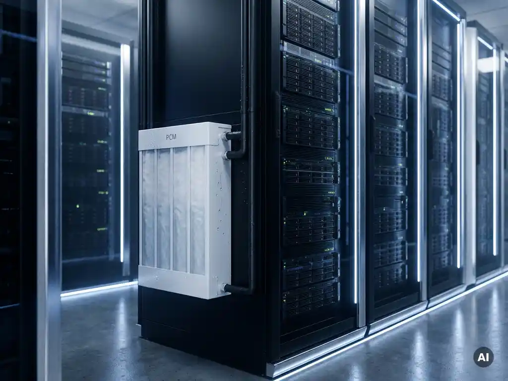 Zwarte serverrack in gekoelde serverruimte naast een wit PCM-koelunit met zouthydraatpanelen en condensatie op metalen oppervlakken.