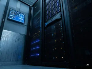Zwarte serverracks in een blauw verlichte serverruimte met energiemonitoringpaneel dat live stroomverbruik toont.