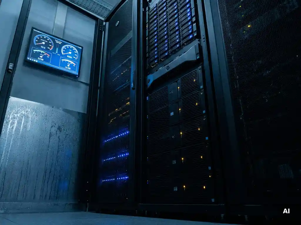 Zwarte serverracks in een blauw verlichte serverruimte met energiemonitoringpaneel dat live stroomverbruik toont.