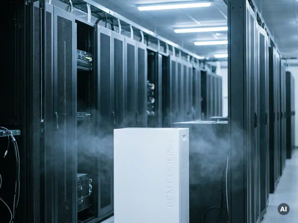 Industriële serverruimte met hoge apparatuurrekken en een witte PCM-koeleenheid op de voorgrond, koele lucht circuleert door de ruimte.