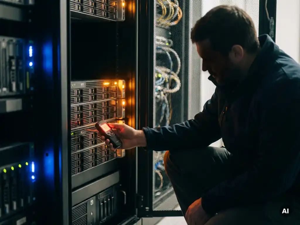 Technicus meet temperatuur bij serverrek met digitale thermometer in donkere serverruimte met amber waarschuwingslichten.