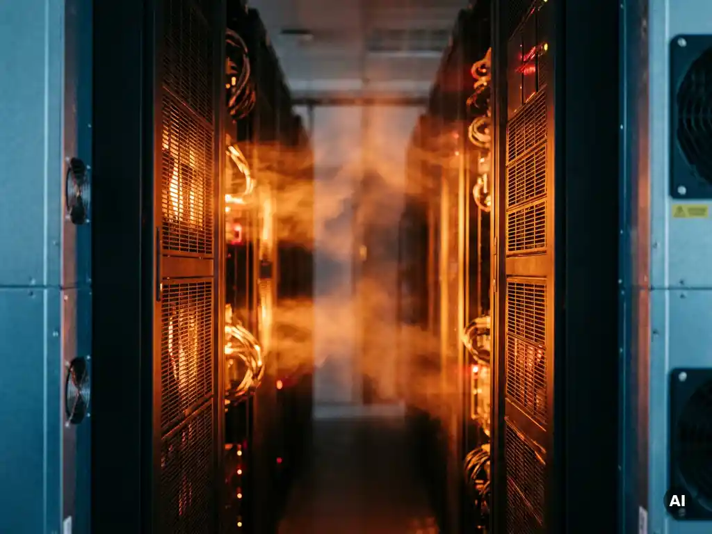 Smalle serverruimte-gang met zwarte serverracks verlicht door rode en oranje indicatielampjes, warme lucht zichtbaar boven ventilatiesleuven.