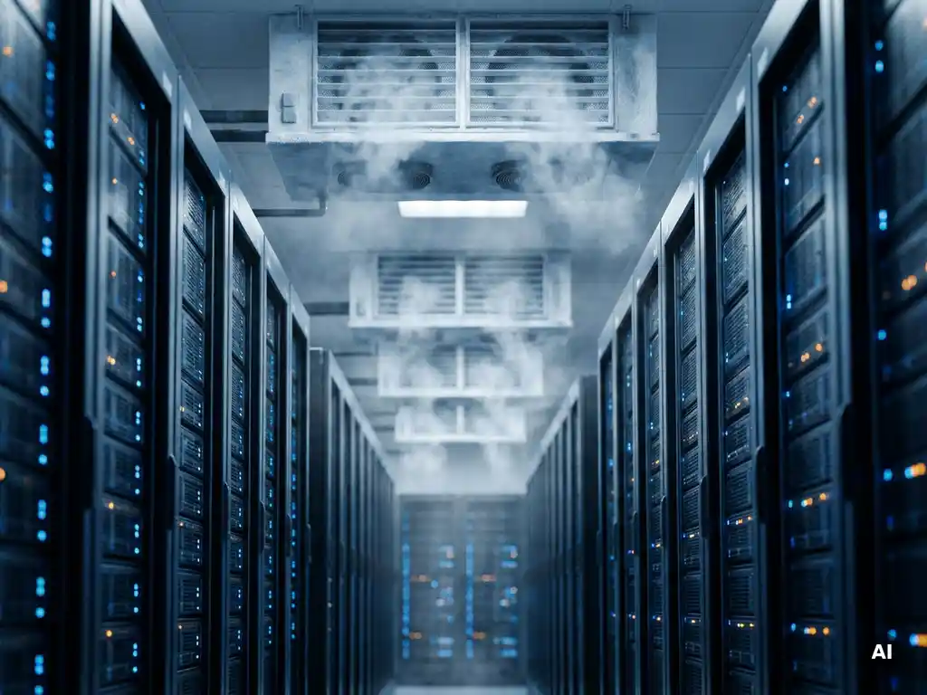 Serverhal met rijen hoge serverkasten en blauwe statusindicatoren, industriële koelunits aan het plafond van een modern datacenter.